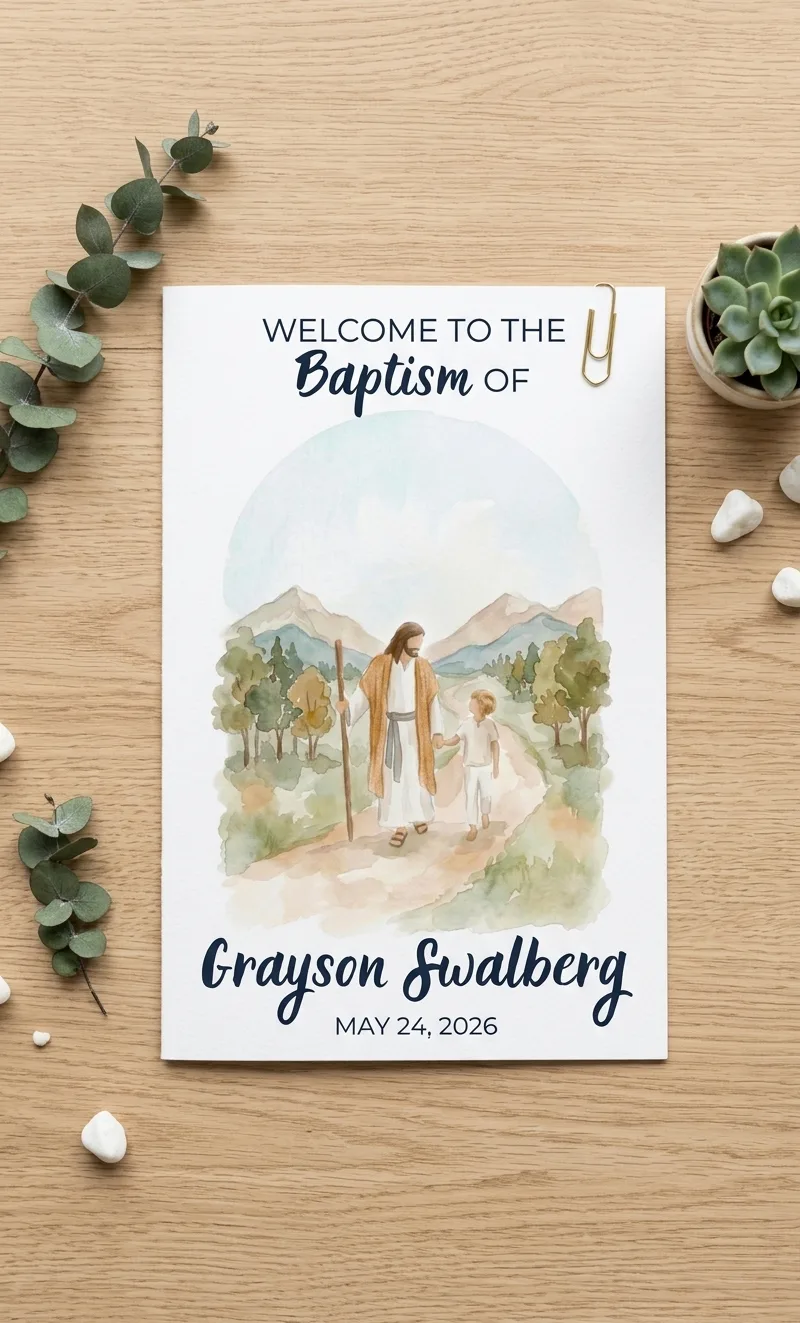 Baptism Program Template preview — watercolor illustration of Christ walking hand-in-hand with a child down a garden path